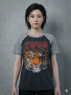 Hollister Black & Gray Raglan Tee with Tiger Graphic and Red 1978 Print